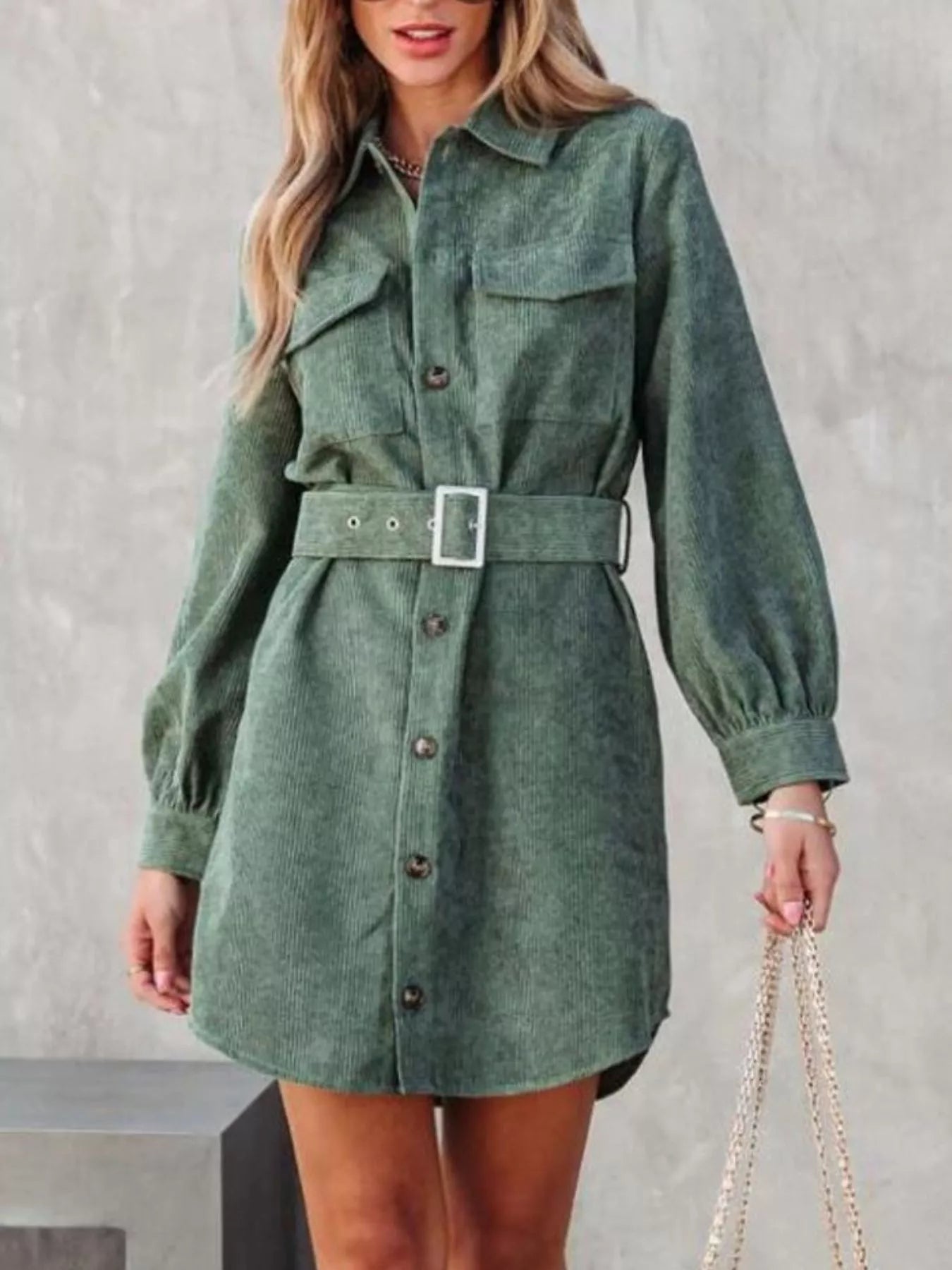Button Front Belt Long Sleeve Corduroy Dress Crimson Medea