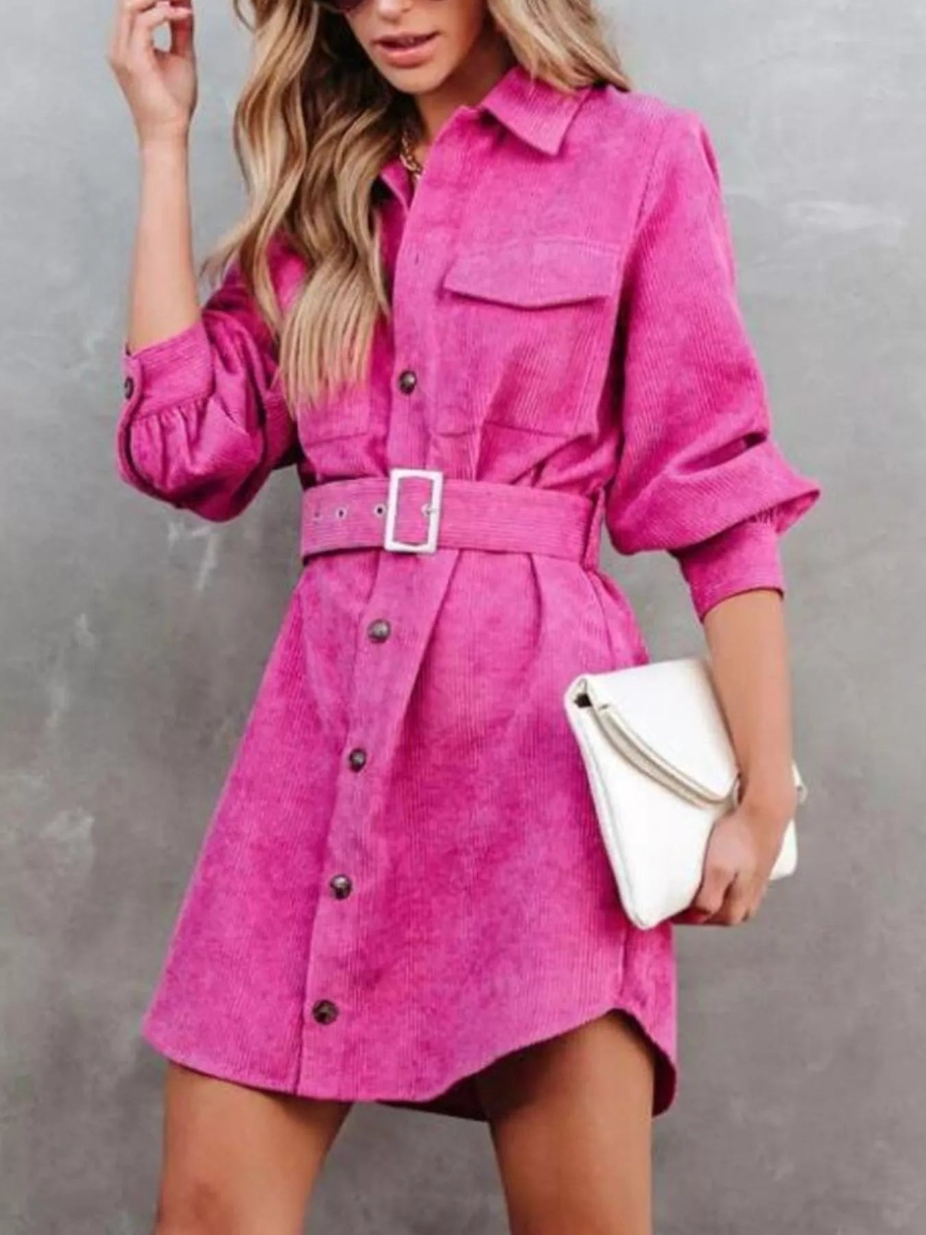 Button Front Belt Long Sleeve Corduroy Dress Crimson Medea