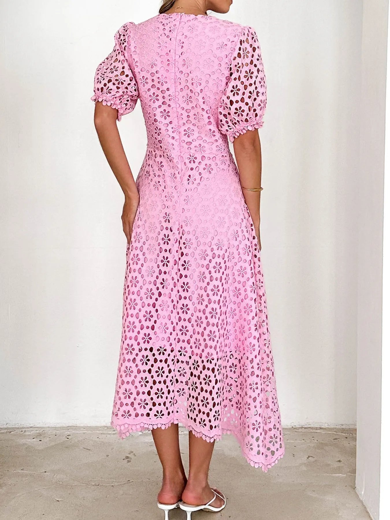 Eyelet Lace V-Neck Midi Dress with Puff Sleeves Crimson Medea