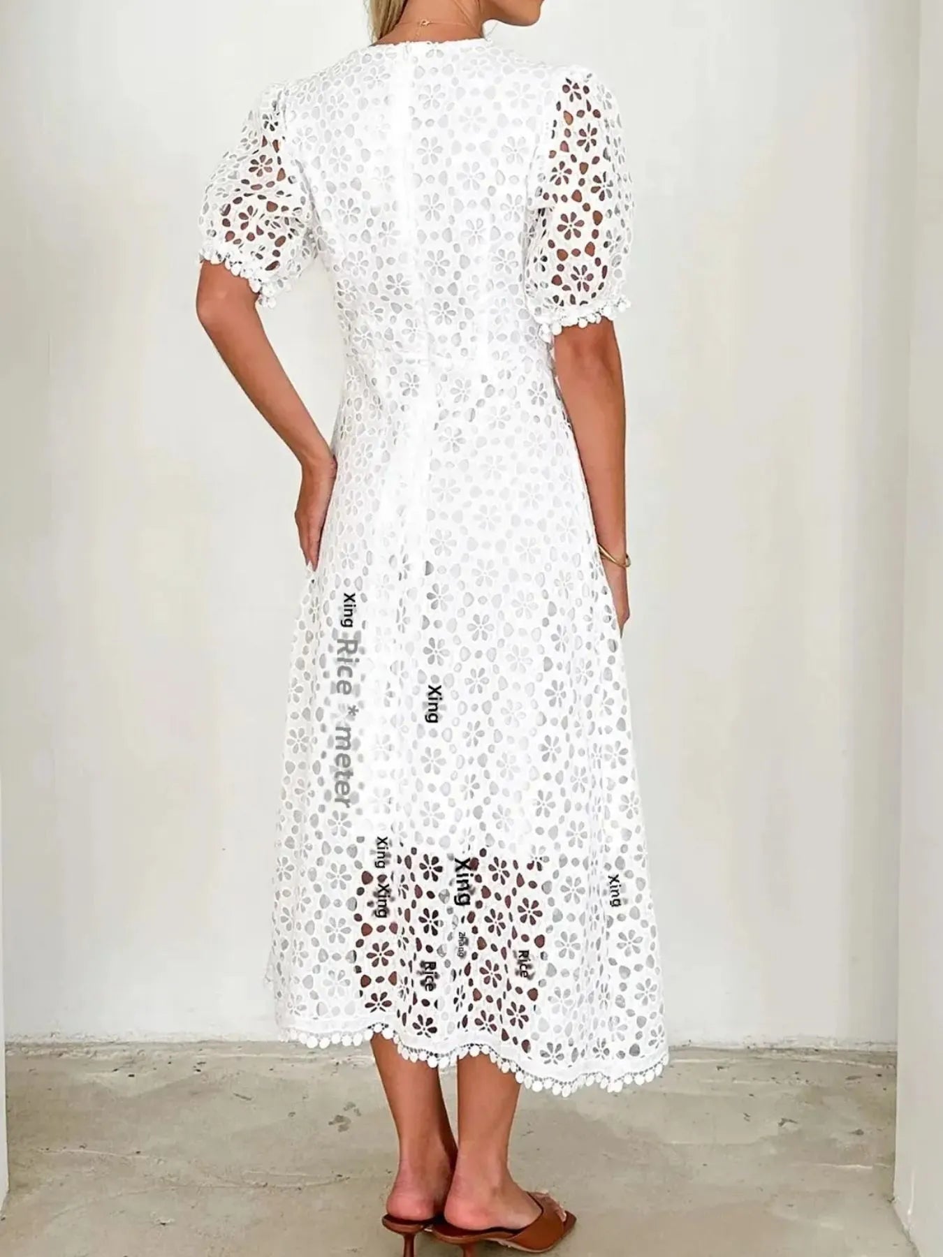 Eyelet Lace V-Neck Midi Dress with Puff Sleeves Crimson Medea