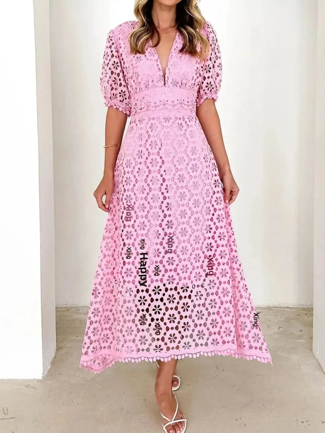 Eyelet Lace V-Neck Midi Dress with Puff Sleeves Crimson Medea
