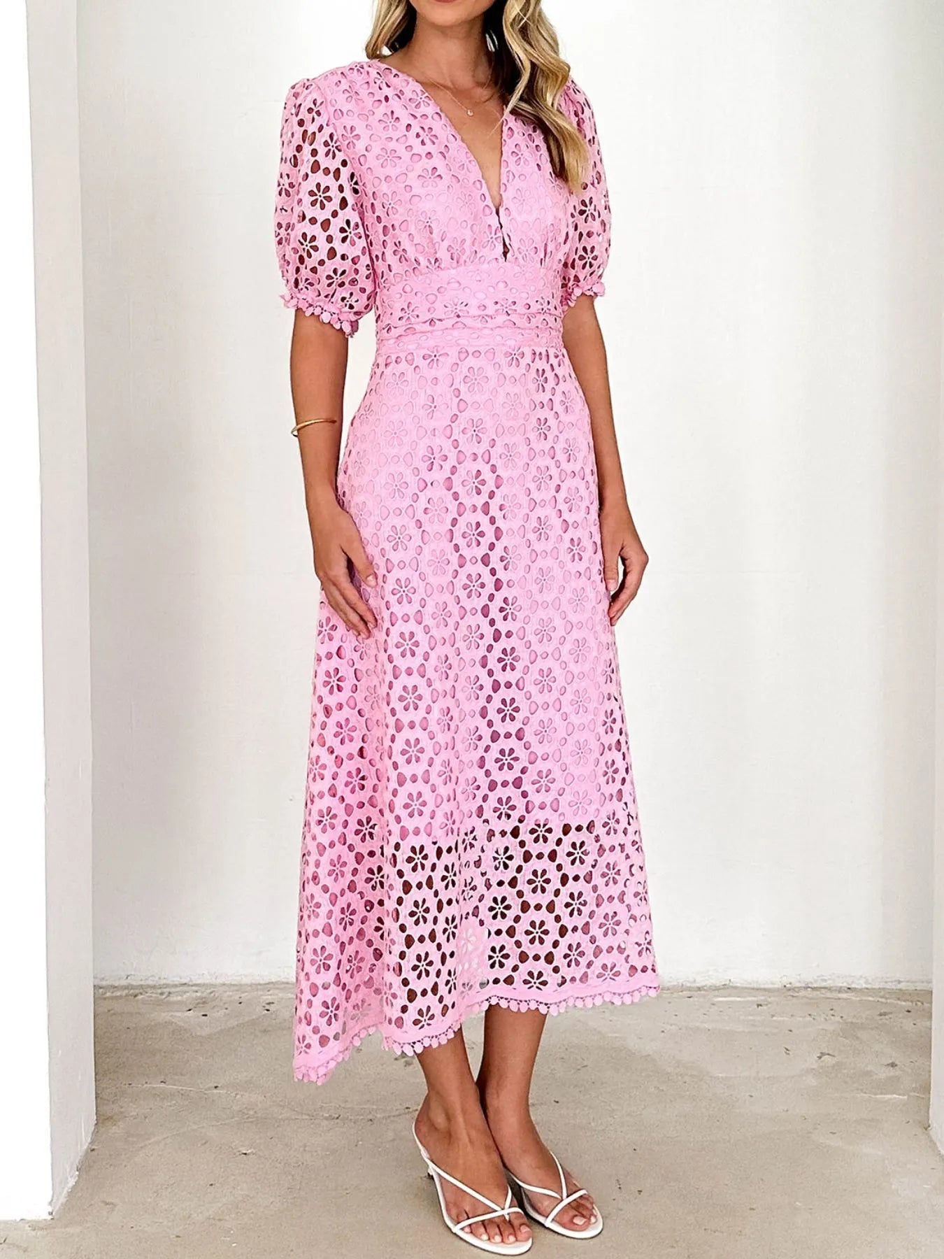 Eyelet Lace V-Neck Midi Dress with Puff Sleeves Crimson Medea