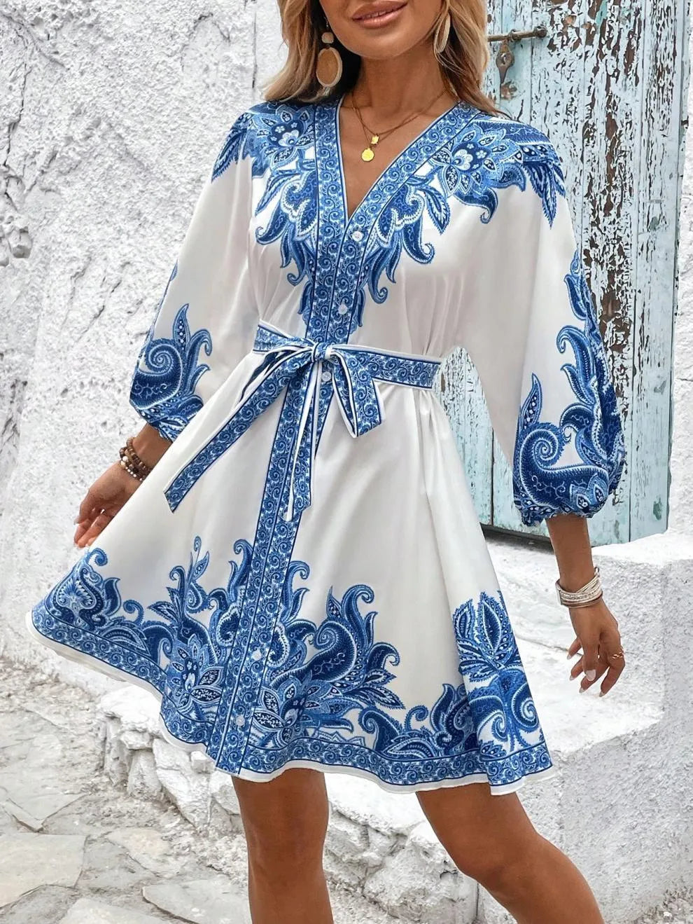 Paisley V-Neck 3/4 Sleeve Mini Dress – Elegant Boho Style Crimson Medea