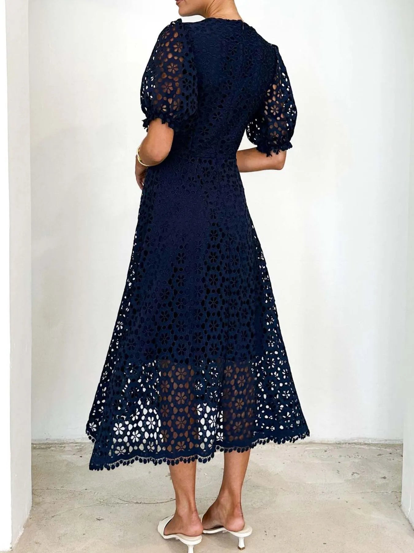 Eyelet Lace V-Neck Midi Dress with Puff Sleeves Crimson Medea