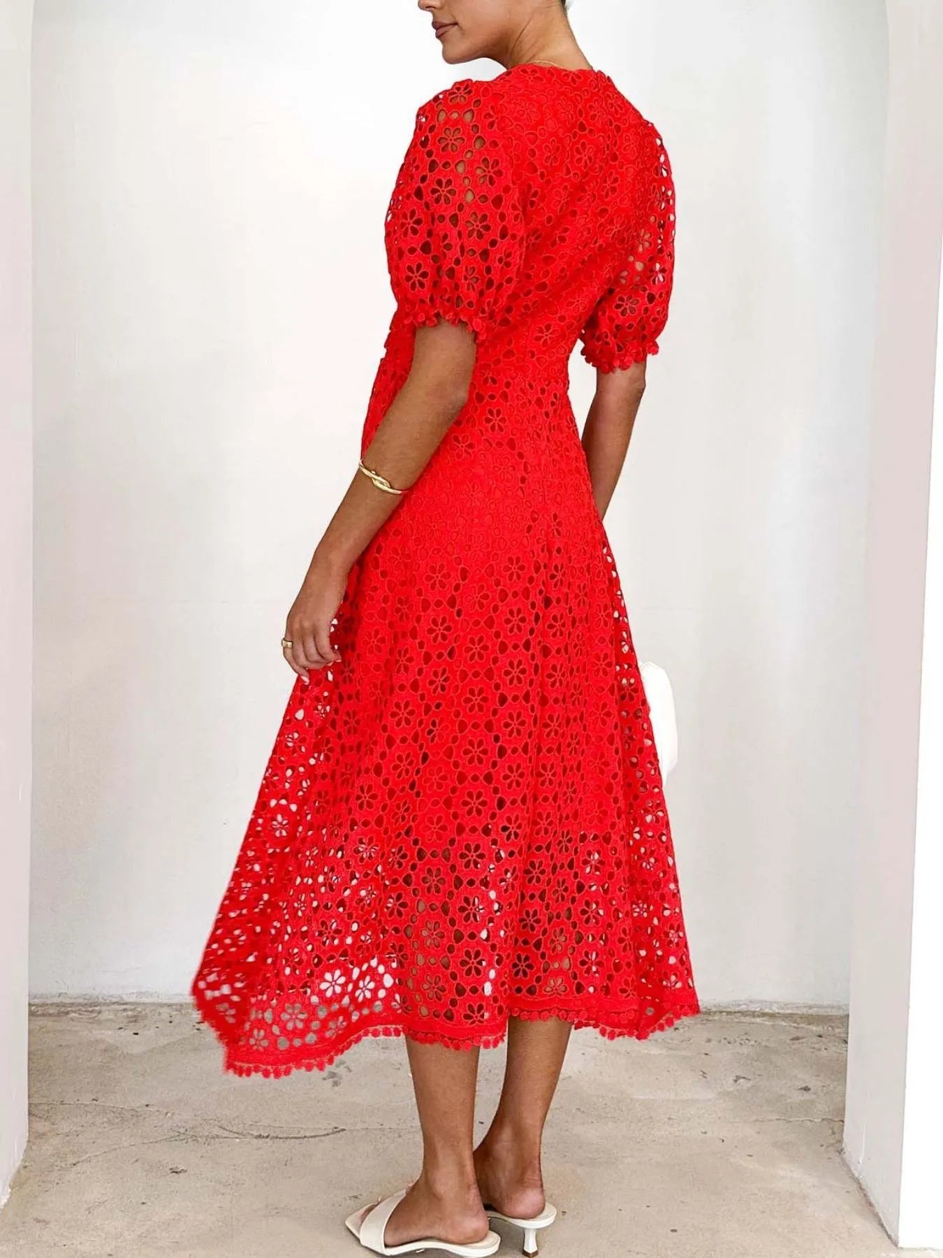 Eyelet Lace V-Neck Midi Dress with Puff Sleeves Crimson Medea