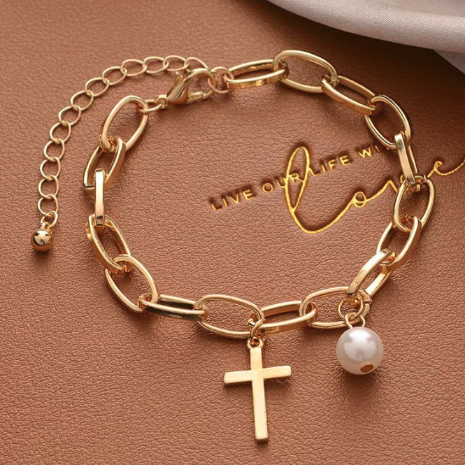 Womens Oval Link Bracelet With Cross Charm and Faux Pearl Yellow Pandora