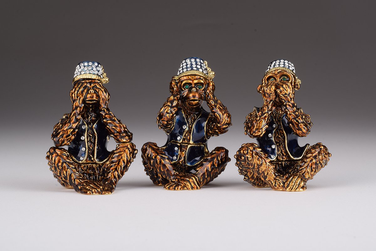 Three Wise Monkeys “See No Evil, Hear No Evil, Speak No Evil” – Handcrafted Enamel Figurine Set Orchid Menoetius