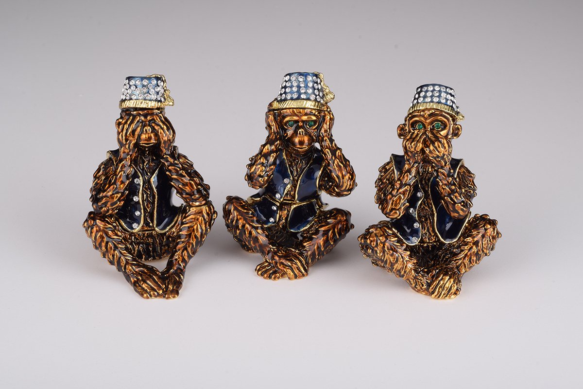 Three Wise Monkeys “See No Evil, Hear No Evil, Speak No Evil” – Handcrafted Enamel Figurine Set Orchid Menoetius