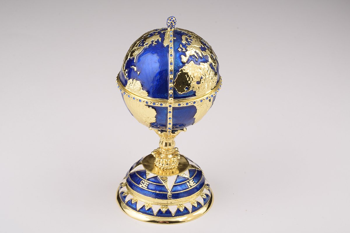 Globe Faberge Egg with Sailing Ship - Handcrafted Enamel Decorative Box Orchid Menoetius