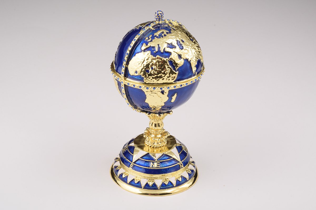 Globe Faberge Egg with Sailing Ship - Handcrafted Enamel Decorative Box Orchid Menoetius