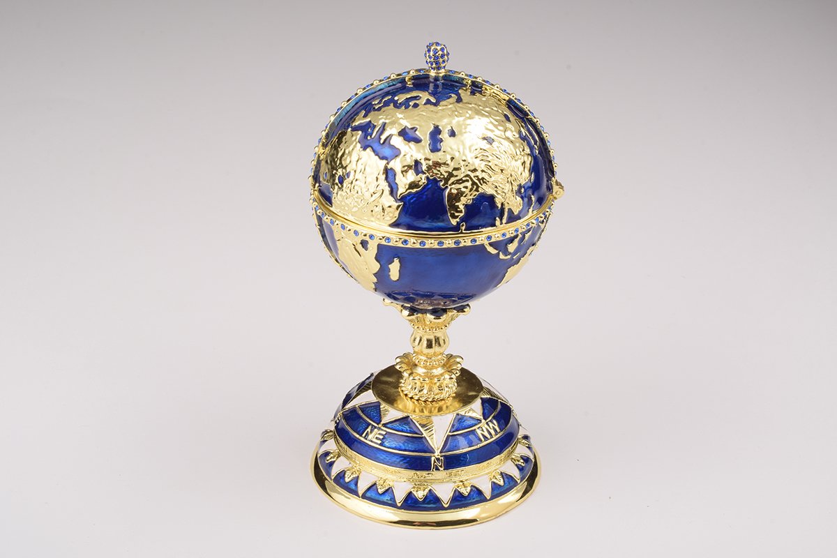 Globe Faberge Egg with Sailing Ship - Handcrafted Enamel Decorative Box Orchid Menoetius