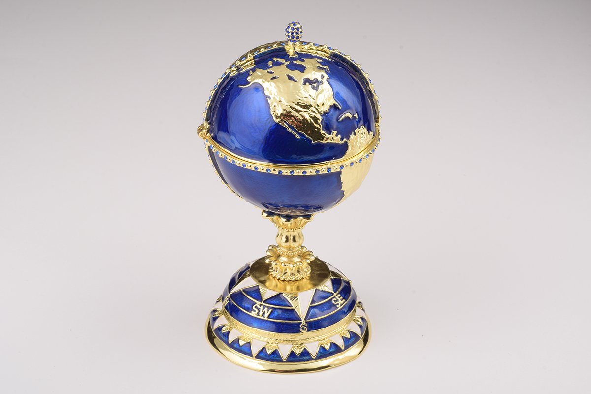 Globe Faberge Egg with Sailing Ship - Handcrafted Enamel Decorative Box Orchid Menoetius