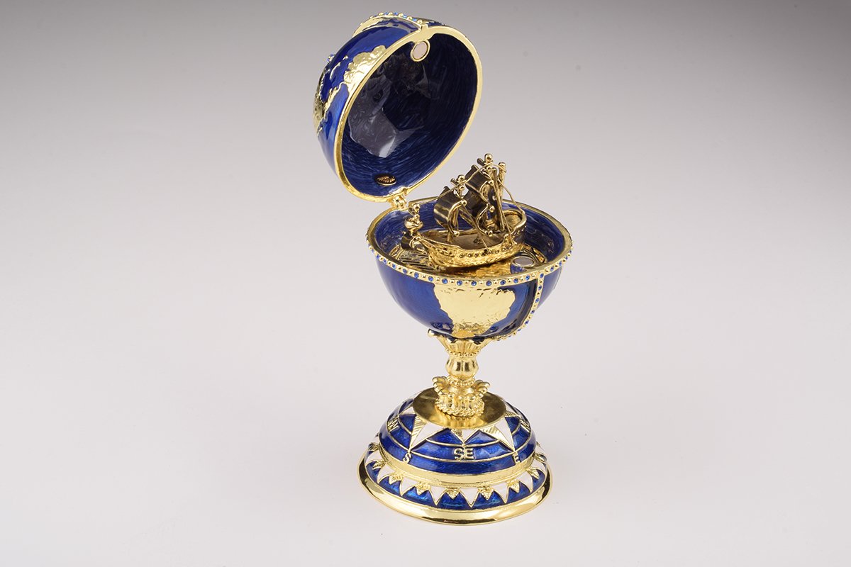 Globe Faberge Egg with Sailing Ship - Handcrafted Enamel Decorative Box Orchid Menoetius