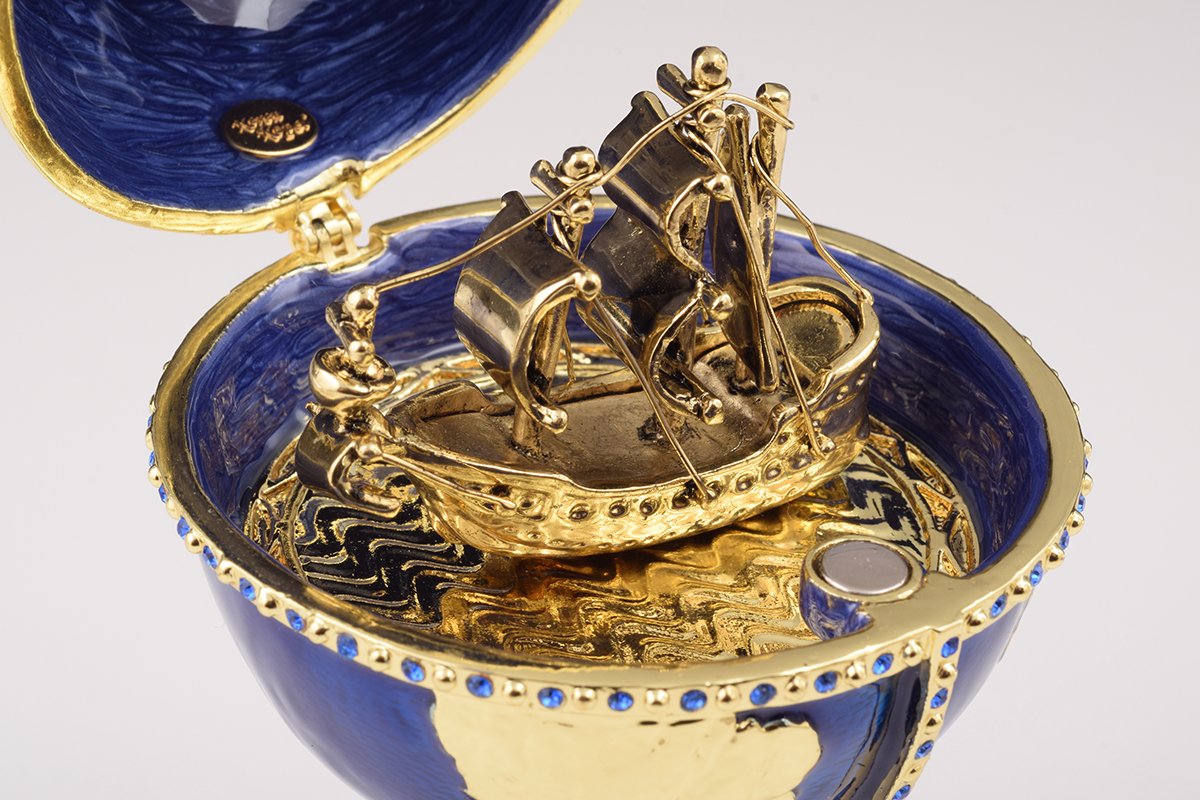 Globe Faberge Egg with Sailing Ship - Handcrafted Enamel Decorative Box Orchid Menoetius