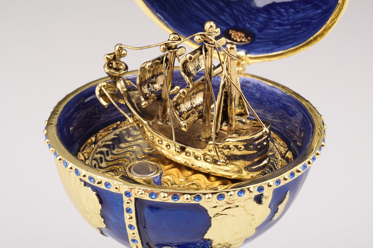 Globe Faberge Egg with Sailing Ship - Handcrafted Enamel Decorative Box Orchid Menoetius