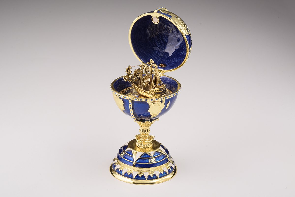 Globe Faberge Egg with Sailing Ship - Handcrafted Enamel Decorative Box Orchid Menoetius