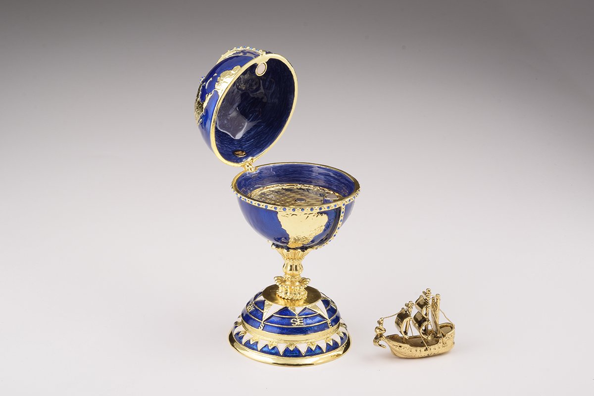 Globe Faberge Egg with Sailing Ship - Handcrafted Enamel Decorative Box Orchid Menoetius