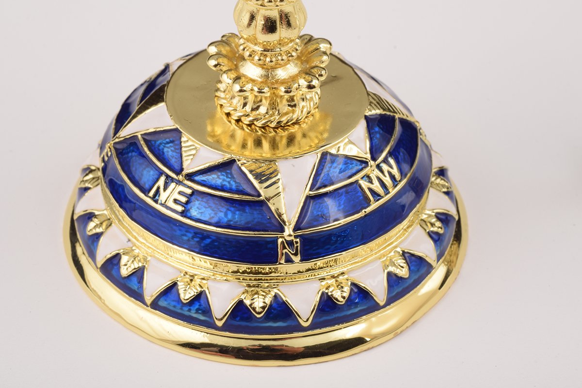 Globe Faberge Egg with Sailing Ship - Handcrafted Enamel Decorative Box Orchid Menoetius