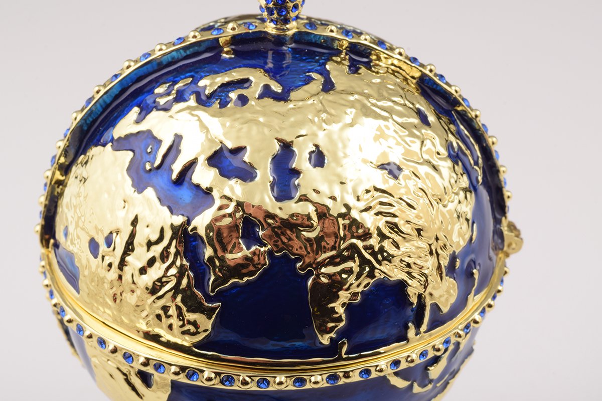 Globe Faberge Egg with Sailing Ship - Handcrafted Enamel Decorative Box Orchid Menoetius