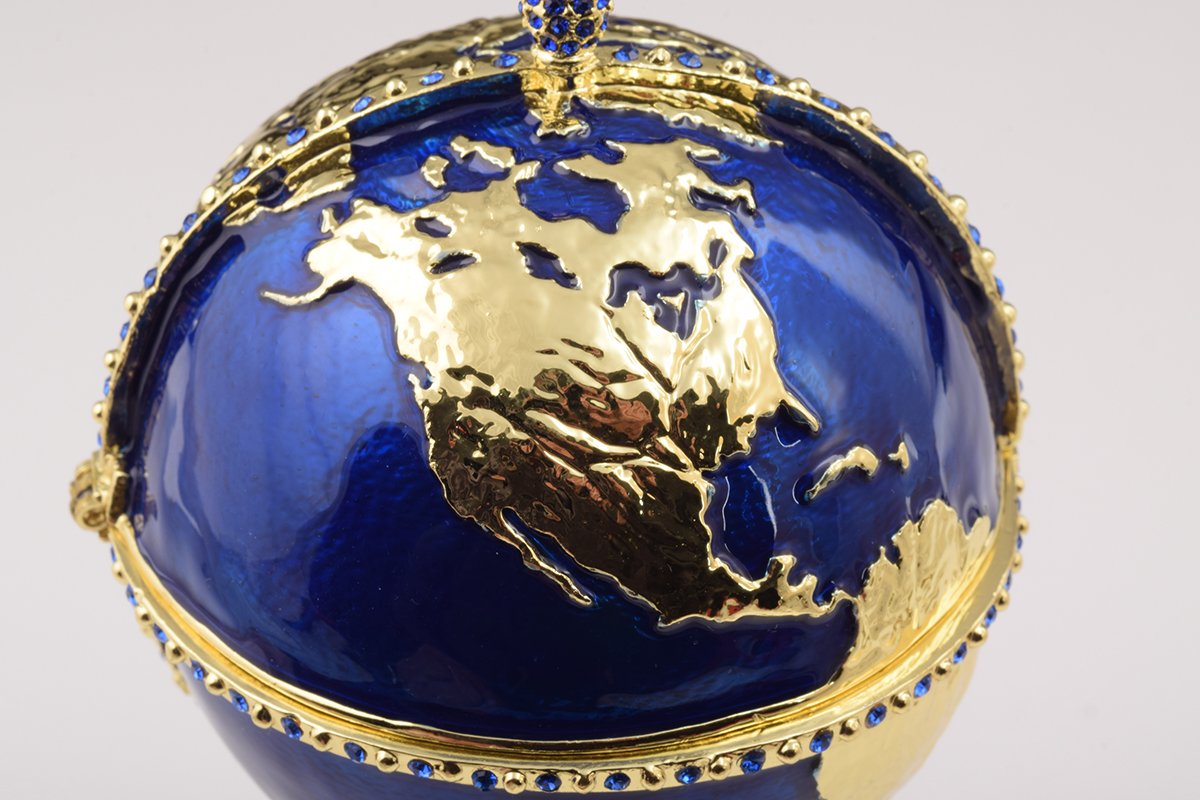 Globe Faberge Egg with Sailing Ship - Handcrafted Enamel Decorative Box Orchid Menoetius