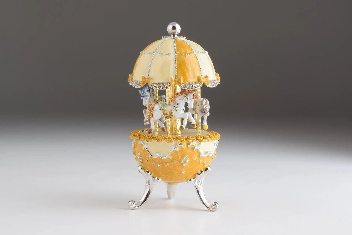 Yellow Faberge-Style Egg Carousel Wind-Up Music Box Orchid Menoetius