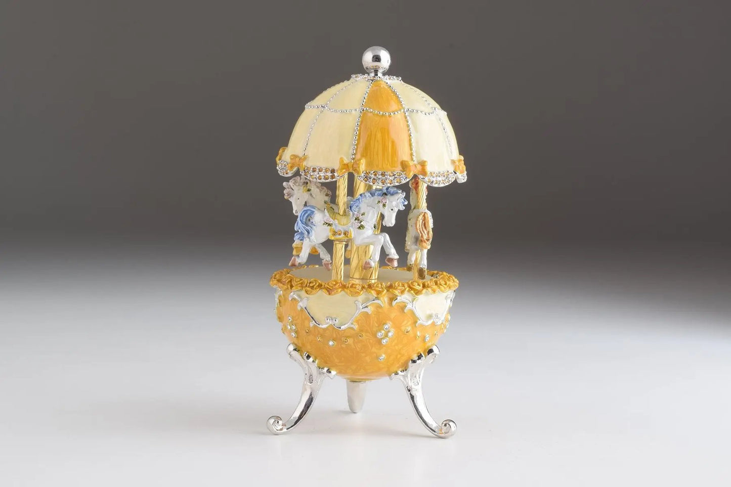 Yellow Faberge-Style Egg Carousel Wind-Up Music Box Orchid Menoetius