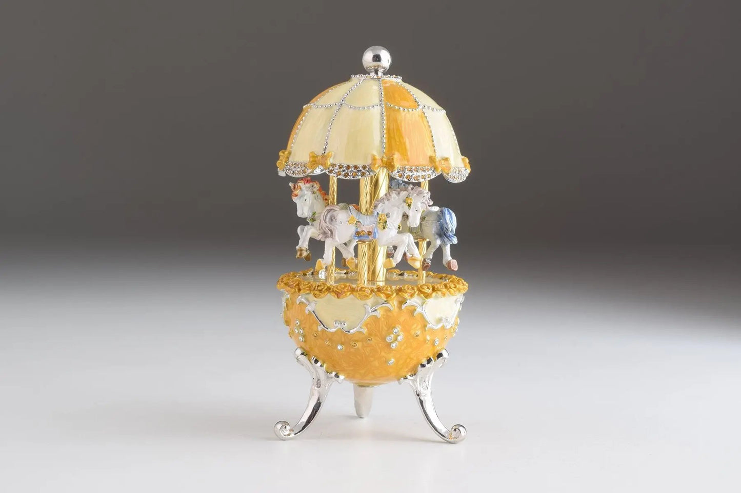 Yellow Faberge-Style Egg Carousel Wind-Up Music Box Orchid Menoetius
