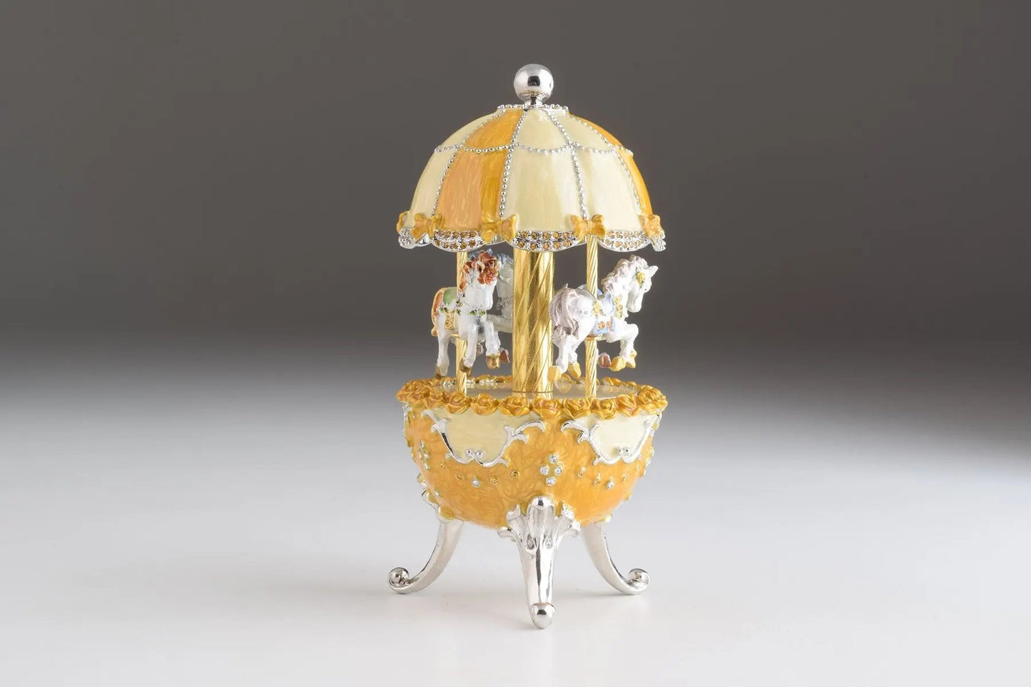 Yellow Faberge-Style Egg Carousel Wind-Up Music Box Orchid Menoetius