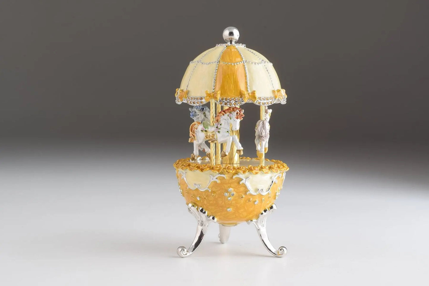 Yellow Faberge-Style Egg Carousel Wind-Up Music Box Orchid Menoetius