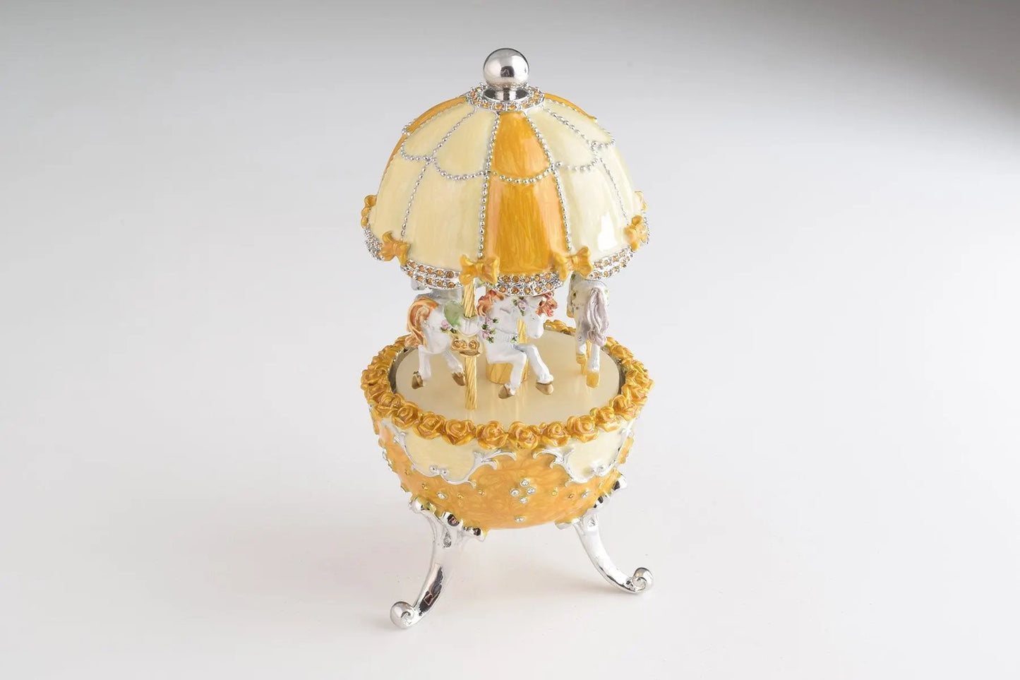 Yellow Faberge-Style Egg Carousel Wind-Up Music Box Orchid Menoetius