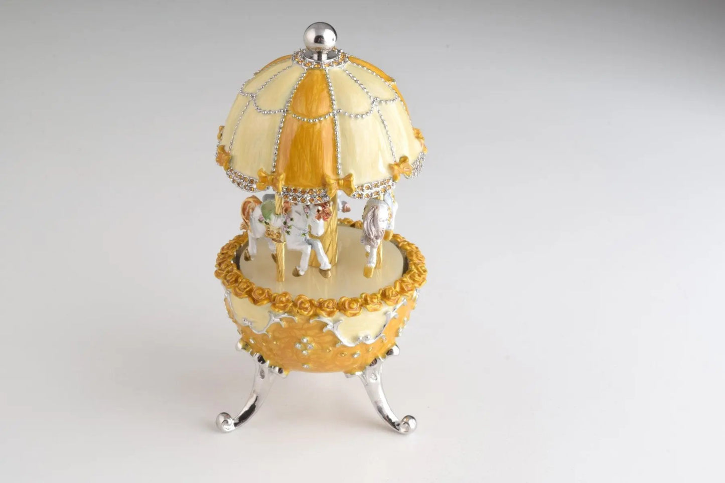 Yellow Faberge-Style Egg Carousel Wind-Up Music Box Orchid Menoetius