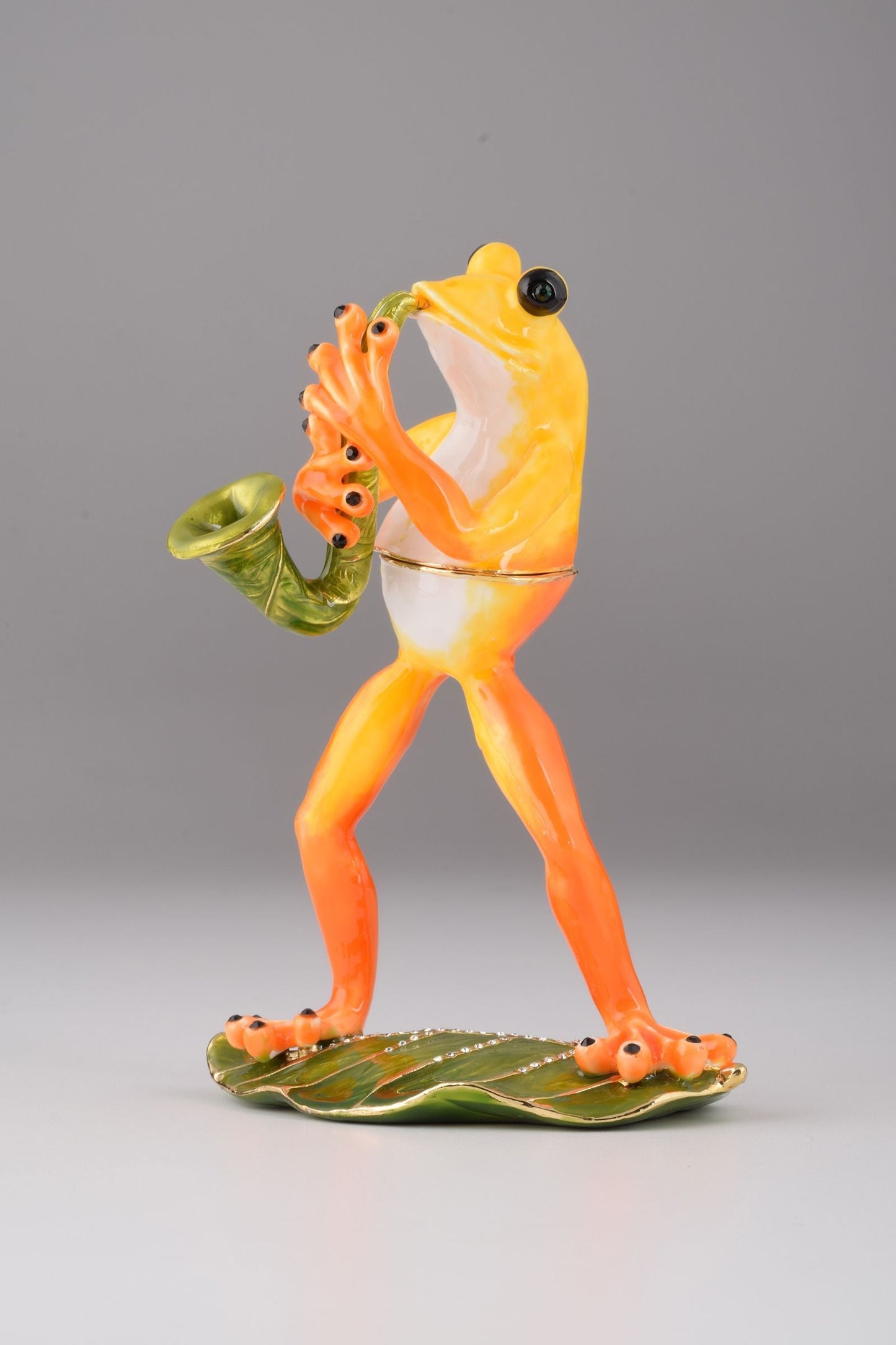 Frog Playing a Saxophone - Handcrafted Enamel Musician Figurine Orchid Menoetius