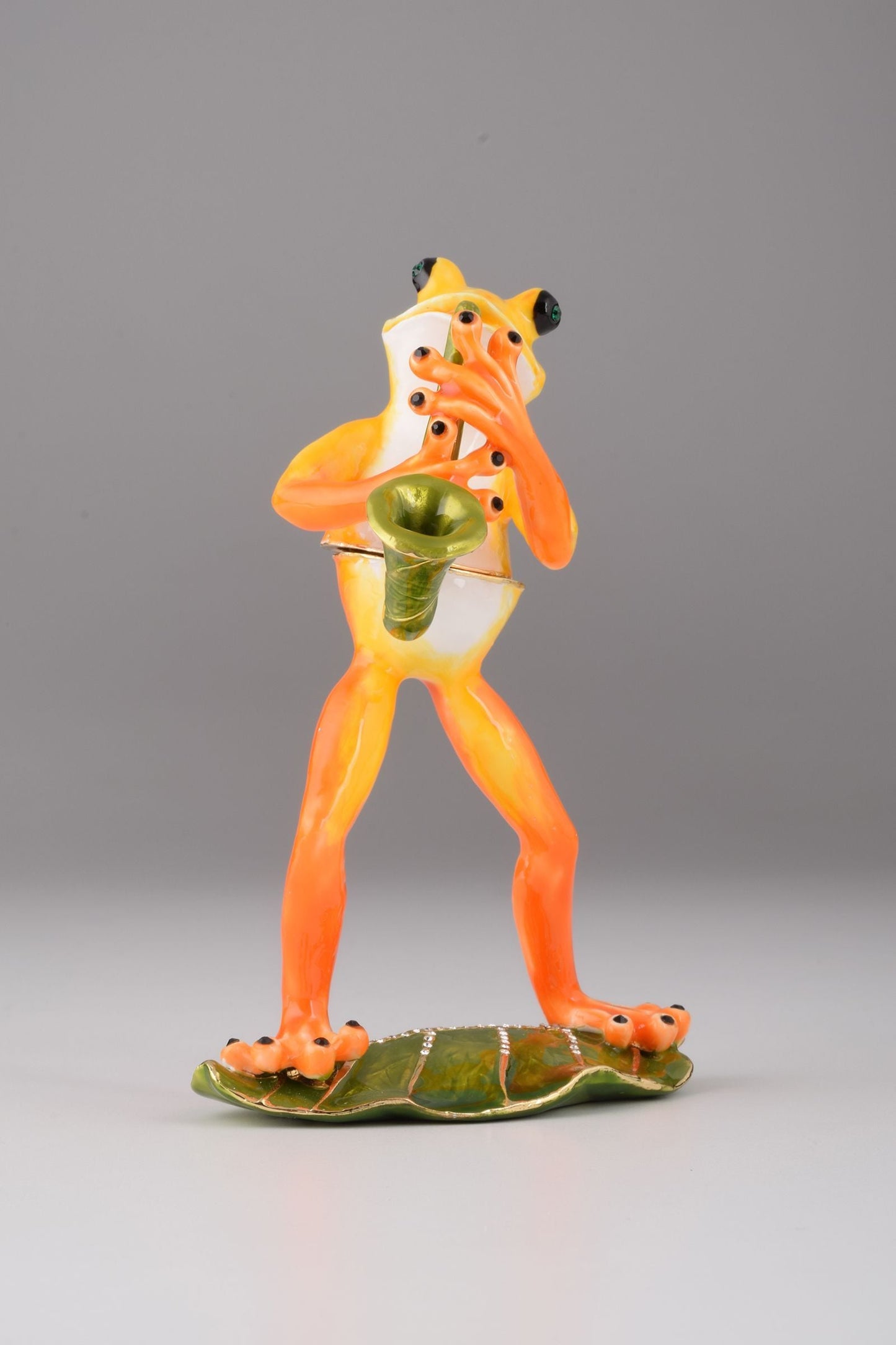 Frog Playing a Saxophone - Handcrafted Enamel Musician Figurine Orchid Menoetius