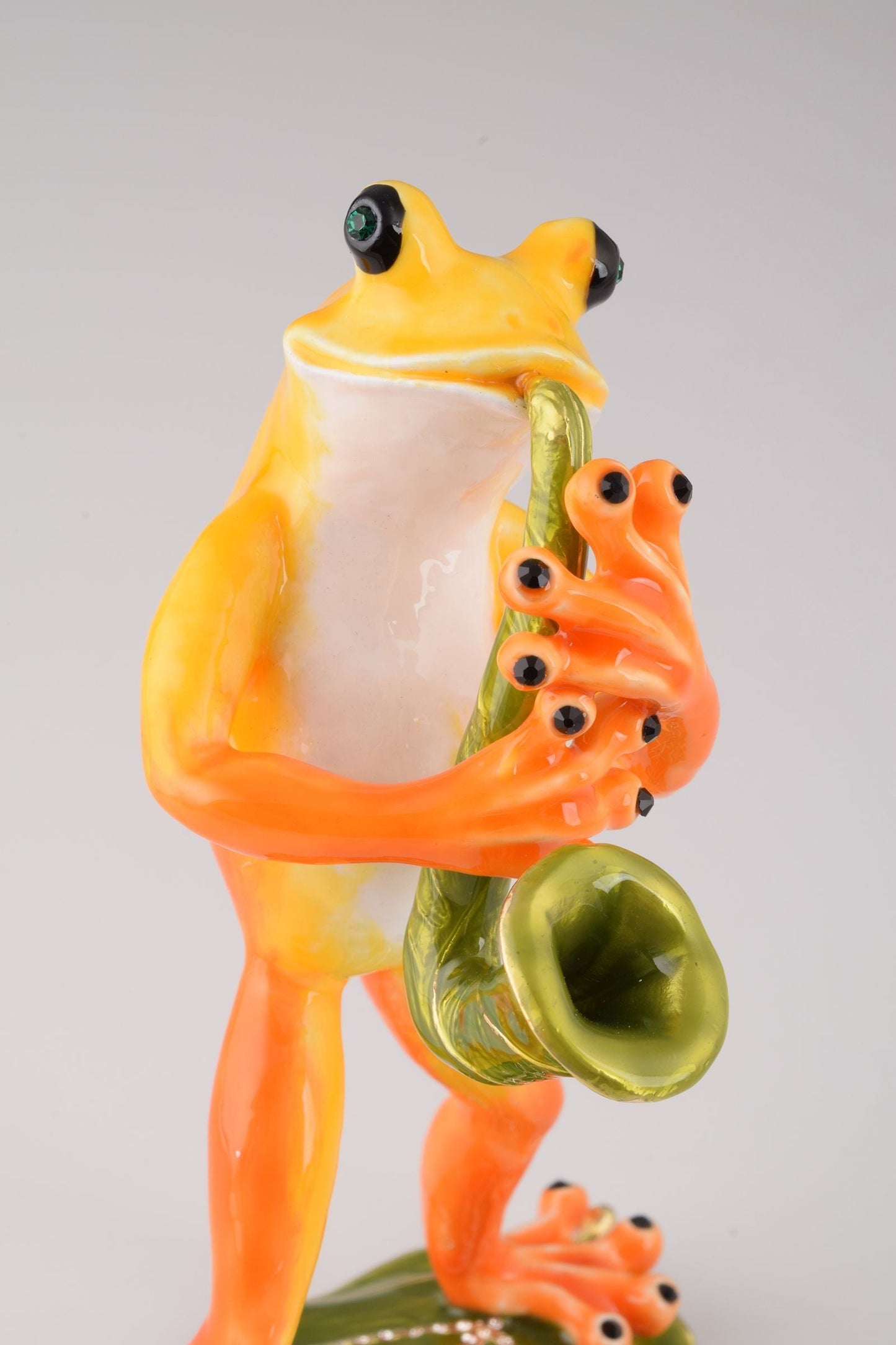 Frog Playing a Saxophone - Handcrafted Enamel Musician Figurine Orchid Menoetius