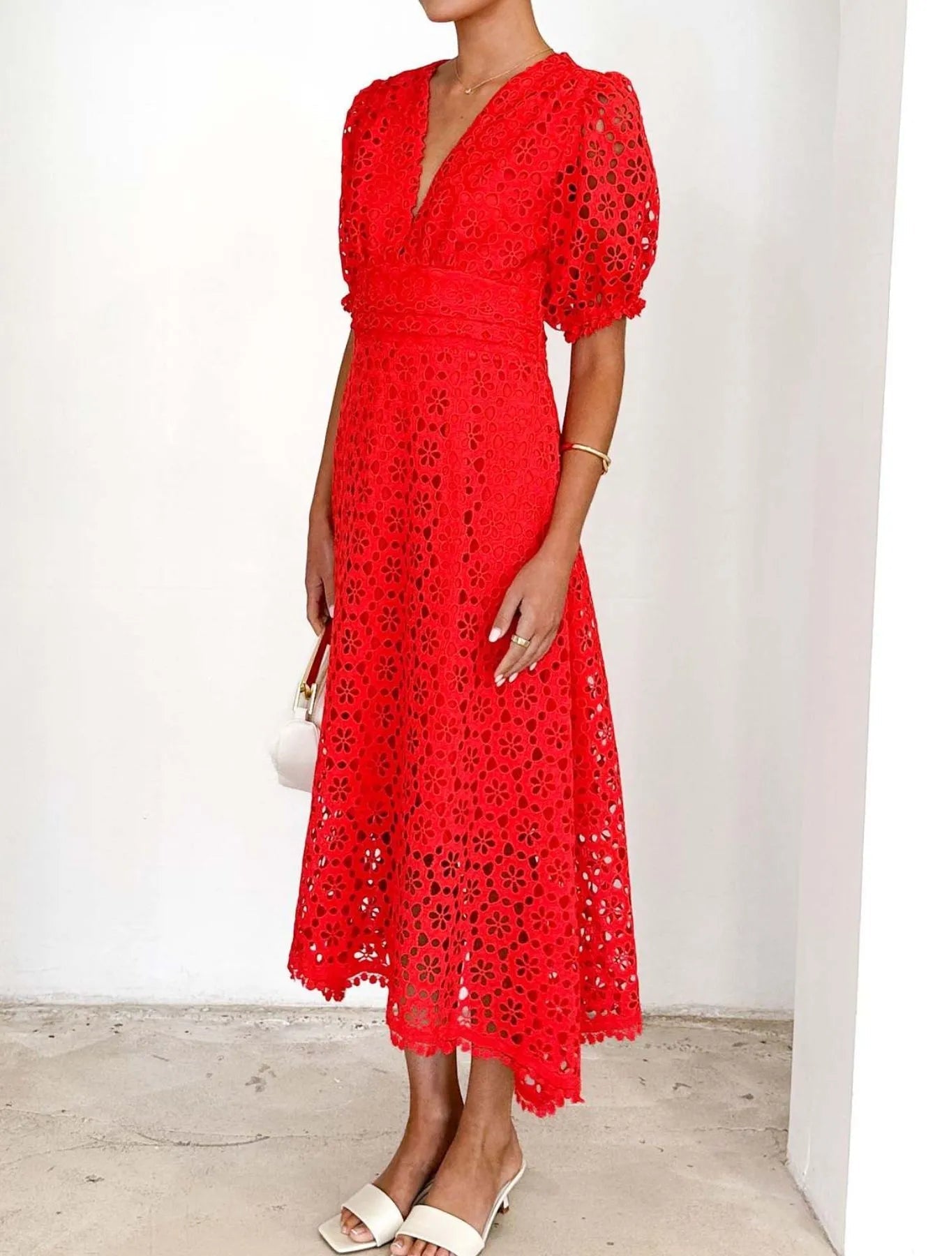 Eyelet Lace V-Neck Midi Dress with Puff Sleeves Crimson Medea