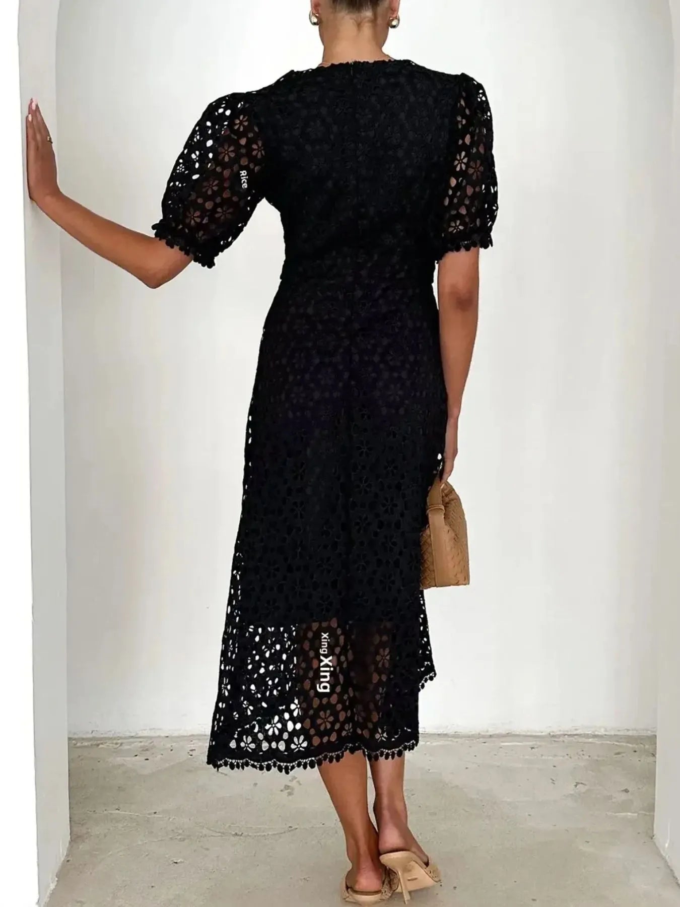 Eyelet Lace V-Neck Midi Dress with Puff Sleeves Crimson Medea