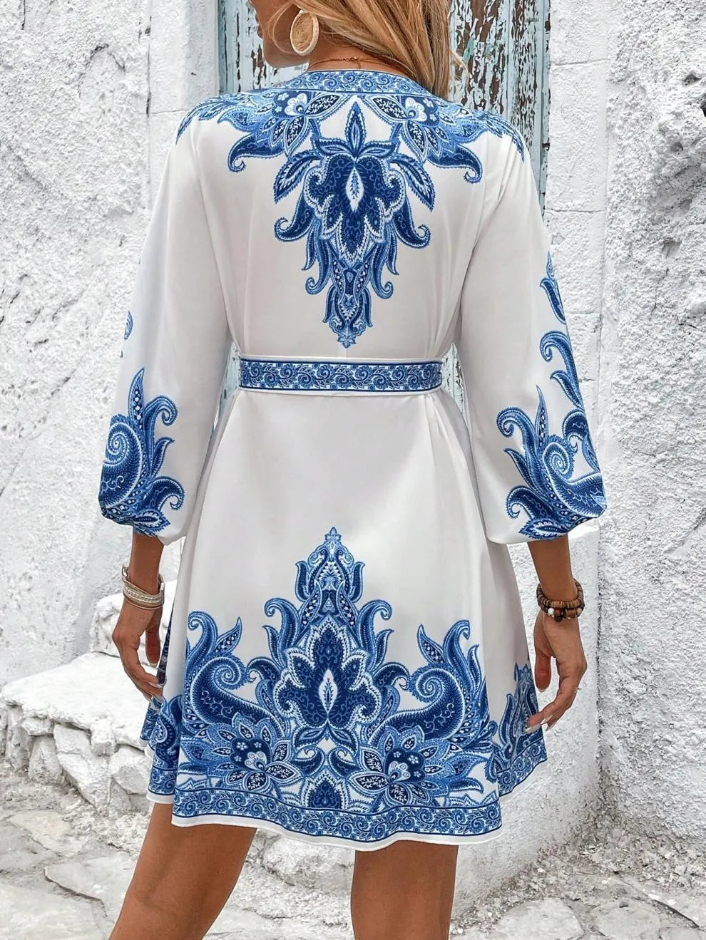 Paisley V-Neck 3/4 Sleeve Mini Dress – Elegant Boho Style Crimson Medea