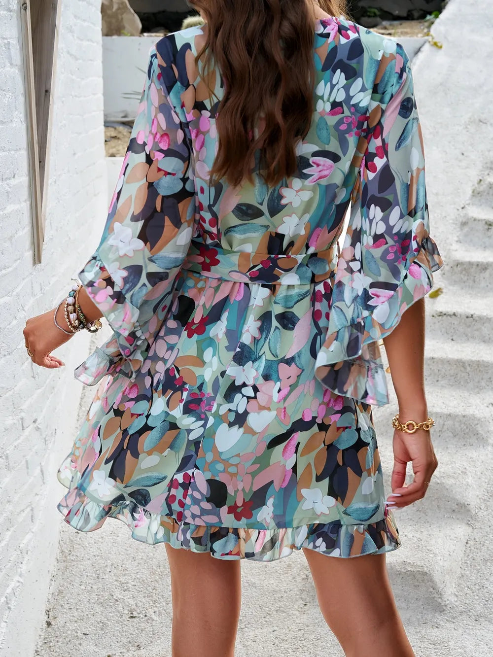 Ruffled Printed Mini Dress with Surplice Neckline and Half Sleeves Crimson Medea