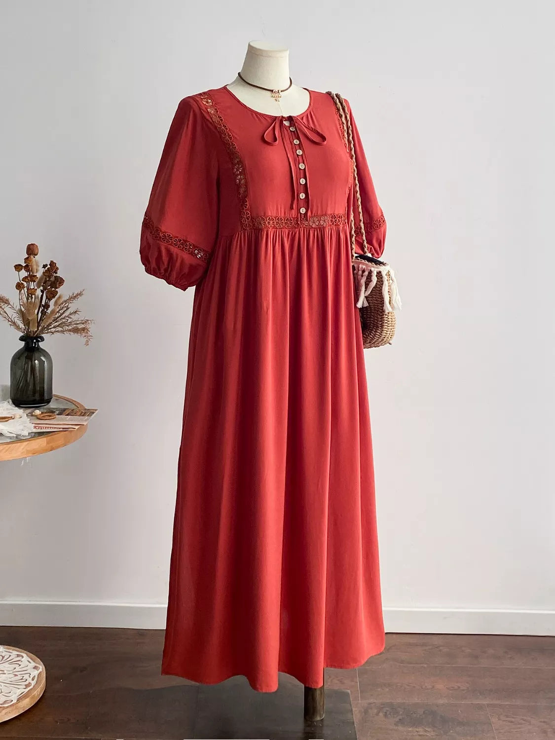 Plus Size Tie Neck Puff Sleeve Midi Dress with Lace Trim Crimson Medea