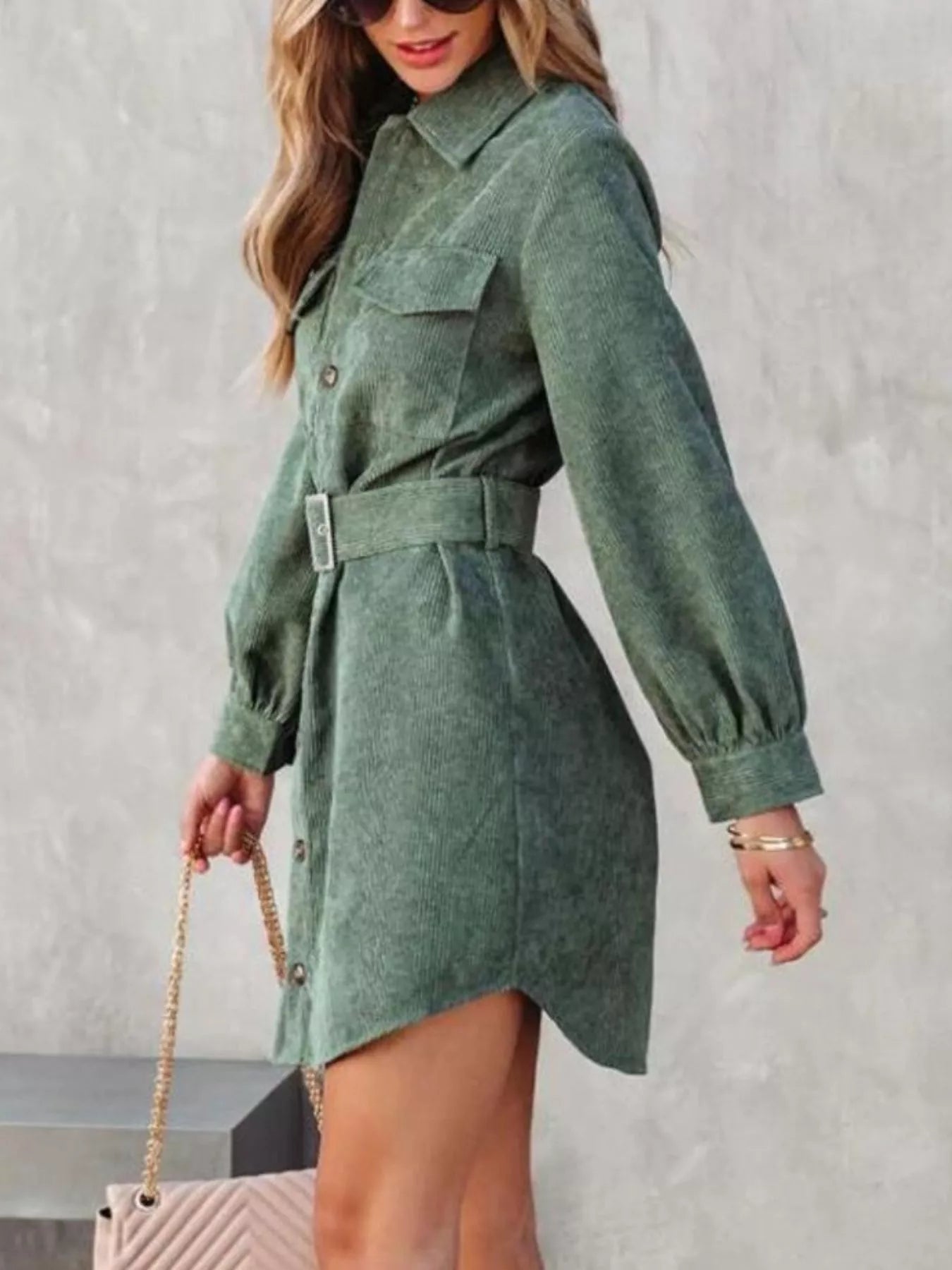 Button Front Belt Long Sleeve Corduroy Dress Crimson Medea
