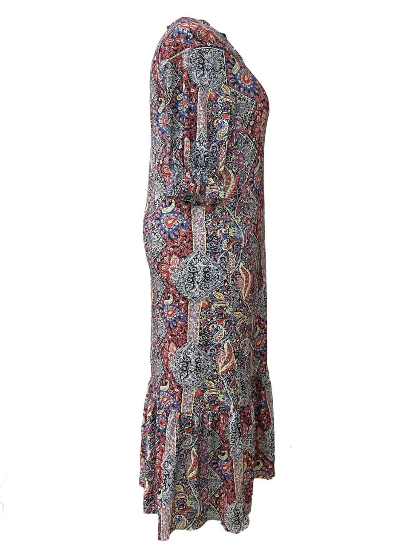 Paisley Print Ruffle Midi Dress - Plus Size Boho Style Crimson Medea