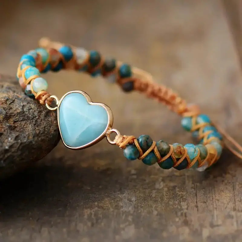 Amazonite Heart Charm Macrame Bracelet Copper Pallas