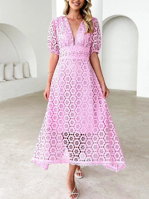 Eyelet Lace V-Neck Midi Dress with Puff Sleeves Crimson Medea