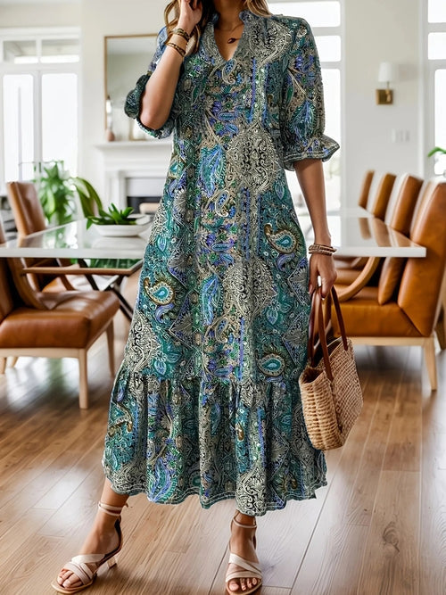 Paisley Print Ruffle Midi Dress - Plus Size Boho Style Crimson Medea
