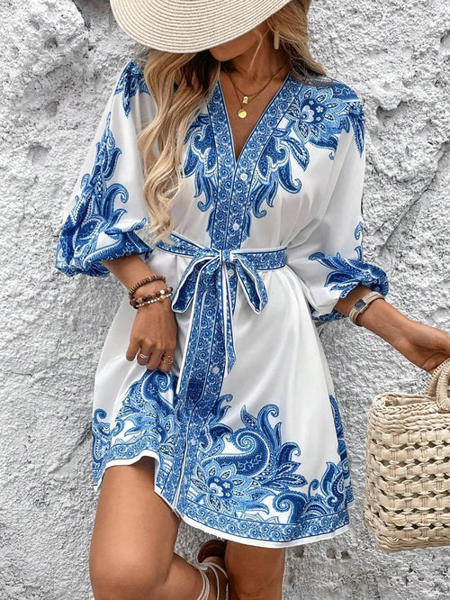 Paisley V-Neck 3/4 Sleeve Mini Dress – Elegant Boho Style Crimson Medea