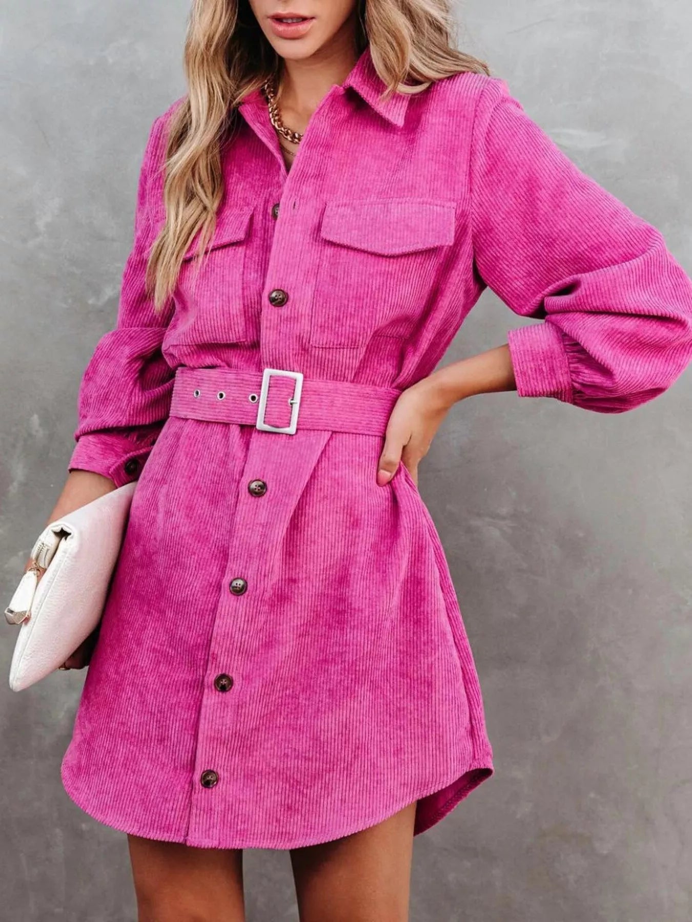 Button Front Belt Long Sleeve Corduroy Dress Crimson Medea