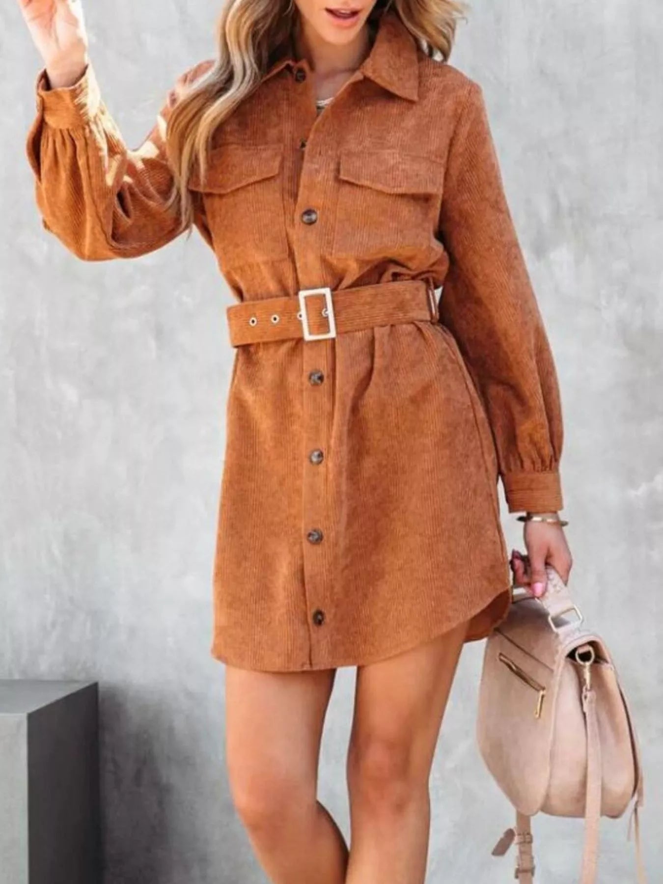 Button Front Belt Long Sleeve Corduroy Dress Crimson Medea