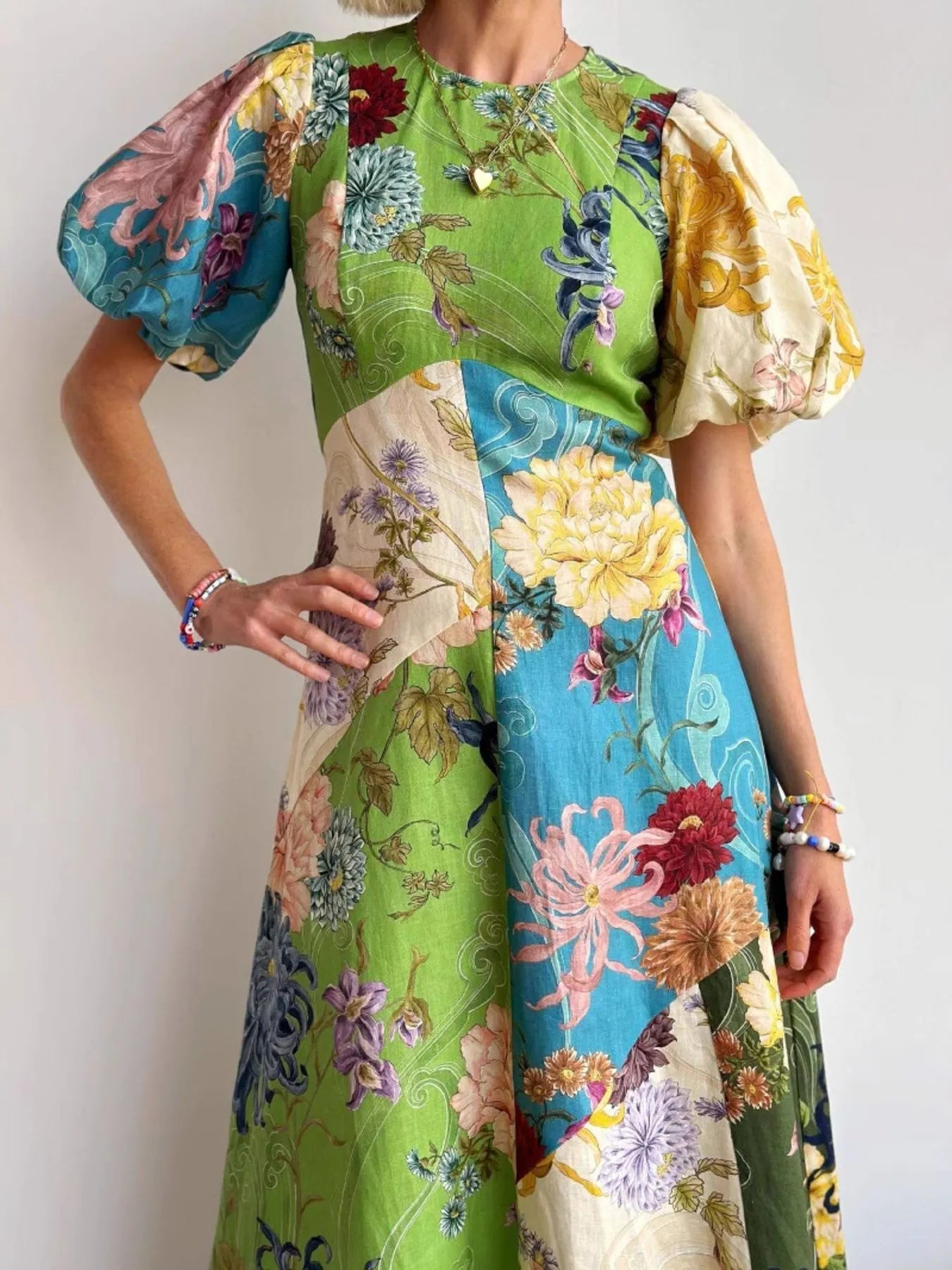 Printed Round Neck Puff Sleeve Dress Crimson Medea
