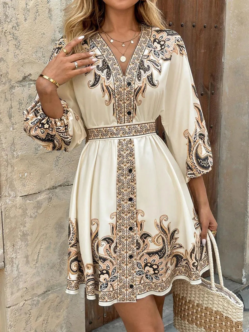 Paisley V-Neck 3/4 Sleeve Mini Dress – Elegant Boho Style Crimson Medea