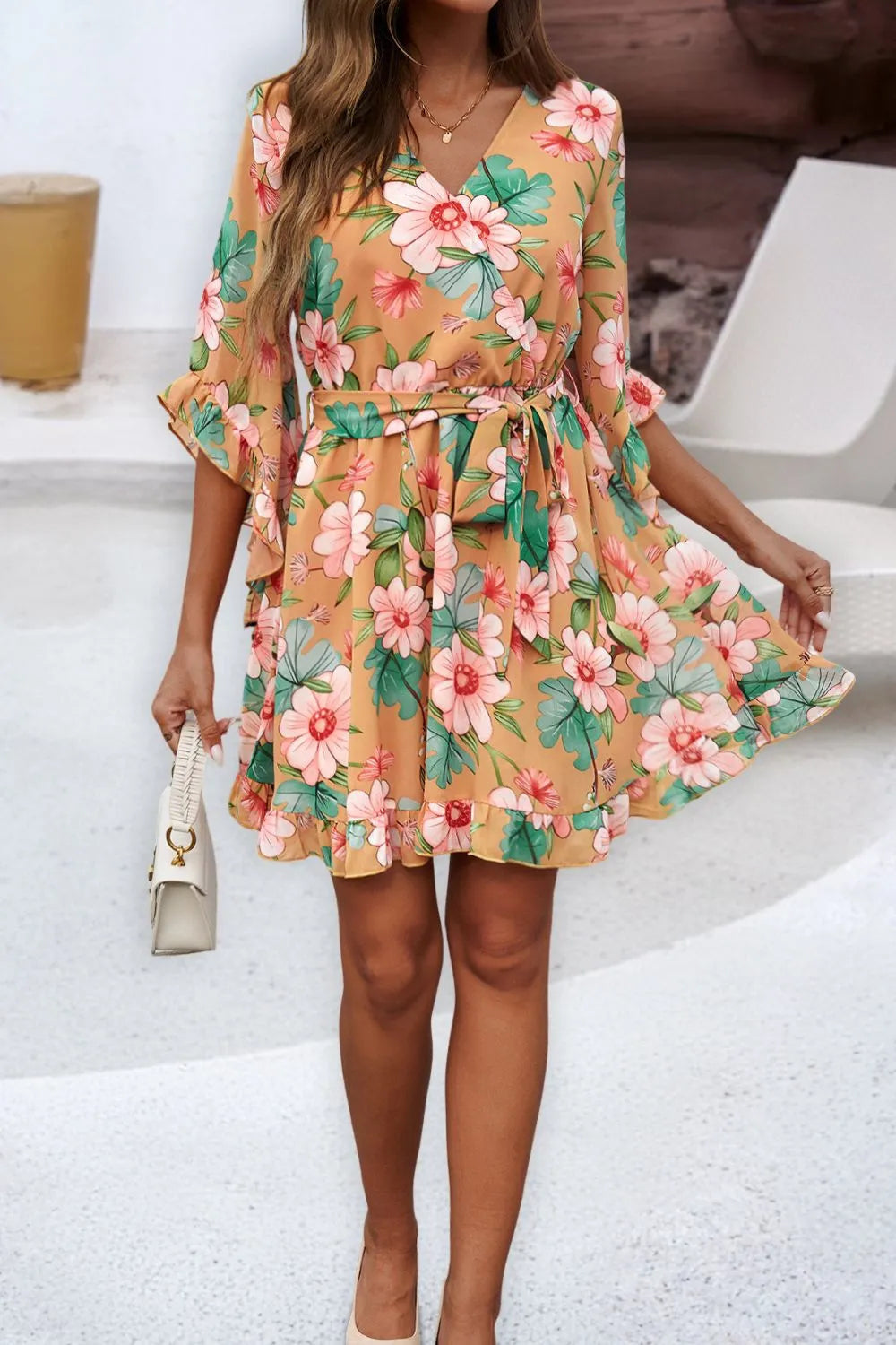 Ruffled Printed Mini Dress with Surplice Neckline and Half Sleeves Crimson Medea